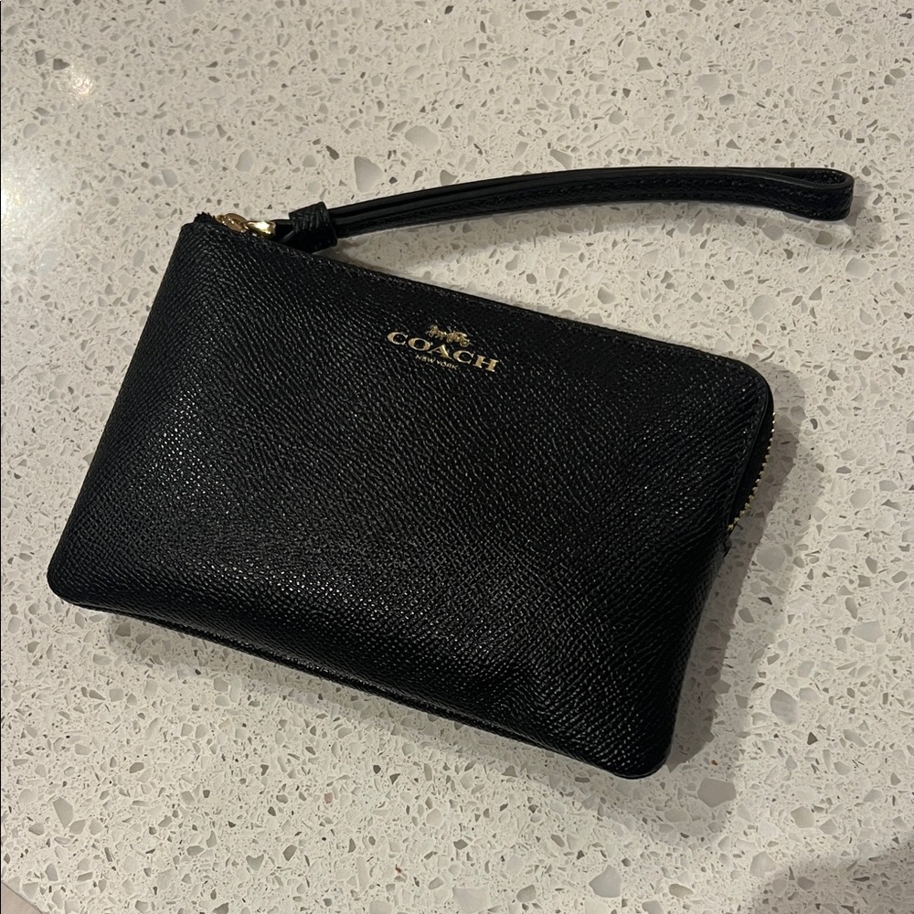 Coach Black Leather Wristlet with Gold Logo